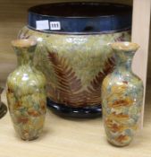 A Royal Doulton Lambeth jardiniere and two vases jardiniere diameter 42cm approx.