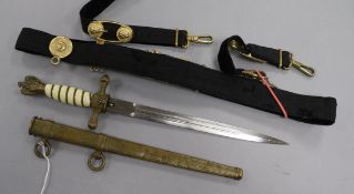 A Naval Officers dagger with belt and hangers, maker Eickhorn