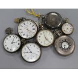 Six assorted silver pocket watches and a silver fob watch.
