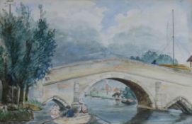 Norwich School c.1890watercolourChildren and their nanny rowing beneath a bridge, Norfolkinscribed