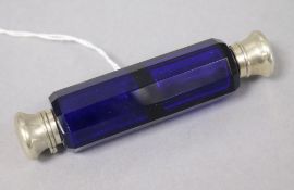 A white metal mounted Bristol Blue glass double ended scent bottle, 14cm.,