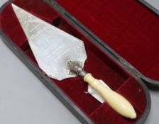 A cased Victorian ivory handled silver trowel, James Dixon & Son, Sheffield, 1861, 35.8cm.