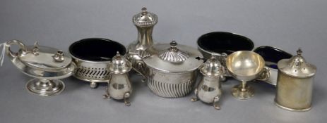 Eight assorted silver condiments, a silver lamp lighter and silver small cup.