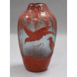 A Legras etched and enamelled glass vase of stylised birds and trees height 17.5cm