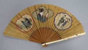 A Japanese painted silk leaf fan,Meiji period, with gilt lacquered ivory guards