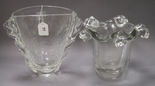 Daum, Nancy, France, a heavy clear glass vase with shell-moulded rim and another vase by Jane