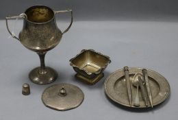 Mixed silver items including a two handled cup, two pens, bowl, dish etc.