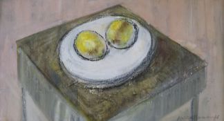 Kathleen Mann, oil on board, still life, signed and dated '86, 23 x 43cm