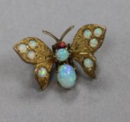 An Edwardian yellow metal, white opal and gem set butterfly clip brooch, 22mm.