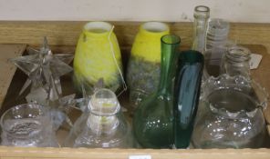 A pair of Daum style mottled yellow-blue glass shades and a collection of miscellaneous glassware,
