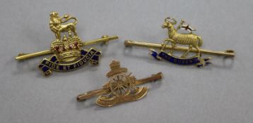 Three assorted 9ct gold military sweethearts bar brooches including two with enamel, gross 14