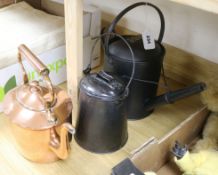 A copper kettle, a watering can and a pot tallest 34cm