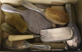 An ivory handle silver crumb scoop and assorted silver backed brushes, mirror etc.