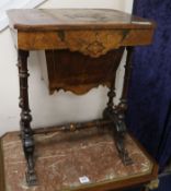 A Victorian walnut sewing table, top damaged W.55cm