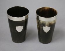 A pair of late Victorian silver mounted horn beakers, Atkin Brothers, Sheffield, 1887, 11.5cm.