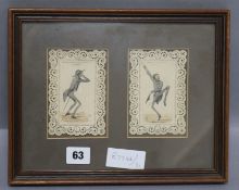 Two French drawings of figures, framed as one 11 x 8cm