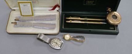 Two Cross pen and pencil sets, two wrist watches and a gold plated pocket watch.
