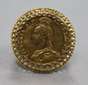 A Victoria 1887 gold full sovereign ring, in 9ct gold mount, size O.