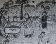 Dora Holzhandler, charcoal, figures in a park, signed and dated '87, 47 x 58cm