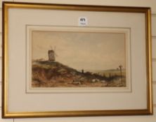 Circle of David CoxwatercolourCattle drover and windmill in a landscape23 x 40cm
