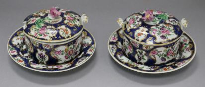 A pair of Dr. Wall Worcester scale blue jars, covers and saucers, square marks diameter 16cm