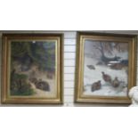 Henry Grant, pair of oils on canvas, rabbits beside a burrow and Tarmagan in winter, signed and