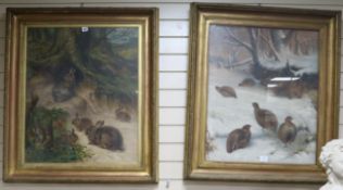 Henry Grant, pair of oils on canvas, rabbits beside a burrow and Tarmagan in winter, signed and