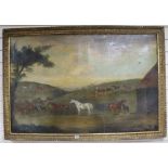 19th century English School, oil on canvas, horses in a downland landscape, 76 x 114cm