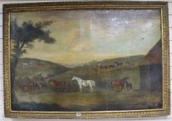 19th century English School, oil on canvas, horses in a downland landscape, 76 x 114cm