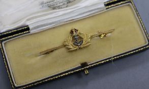 A 9ct gold and enamel naval sweethearts bar brooch, 50mm.