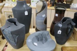 Two large studio pottery vases and an Amanda King 'archaeological' dish, the vases including a