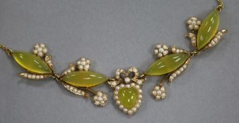 A late Victorian 9ct gold, pale green chalcedony? and seed pearl necklace, approx. 38cm.