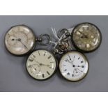 Four assorted pocket watches including three engine turned silver pocket watches.
