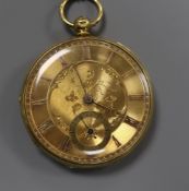 A Victorian 18ct open face mid size keywind pocket watch, with engraved Roman dial.