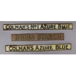 Three tin enamel signs - Colmans Azure Blue and Robin Starch shelf signs longest 44cm