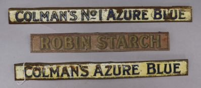 Three tin enamel signs - Colmans Azure Blue and Robin Starch shelf signs longest 44cm