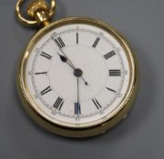 A late Victorian 18ct open face mid size pocket watch, by Russels Ltd.