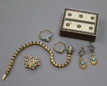 Five items of Victorian and later turquoise and gem set jewellery including diamond and cultured