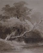 Circle of John Cromepencil and brown washTrees overhanging a riverinscribed Thorpe J. Crome 180625 x