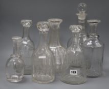Seven various 19th century glass decanters, four etched with titles including 'Orange Bitter', Rum',