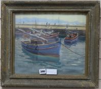 Eric Wale (South African, late 20th century), pastels on paper, Harbour with figure, boats at