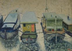 1960's Continental School, oil on board, view of houseboats, initialled W and dated '66, 54 x 75cm
