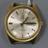 A gentleman's steel and gold plated Omega Seamaster automatic wrist watch, with day.date aperture,