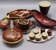 Carlton Ware Rouge Royale pottery: A powder bowl and cover, three dishes, a vase, a jar and cover,