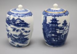 Two Caughley blue and white 'pagoda pattern' tea caddies and covers