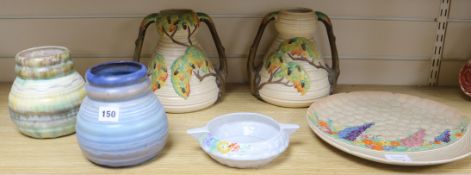 Carlton Ware flower and leaf moulded pottery: A pair of vases, a large dish and a two-handled dish