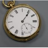 An early 20th century 18ct open face mid size keyless pocket watch.