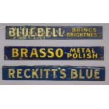 Three blue tin enamel signs - Reckits Blue, Brasso Metal Polish and Bluebell Brings Brightness