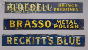 Three blue tin enamel signs - Reckits Blue, Brasso Metal Polish and Bluebell Brings Brightness