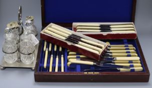 A part canteen of bone handled knives, two sets of cased table knives, a cruet and sundry plated